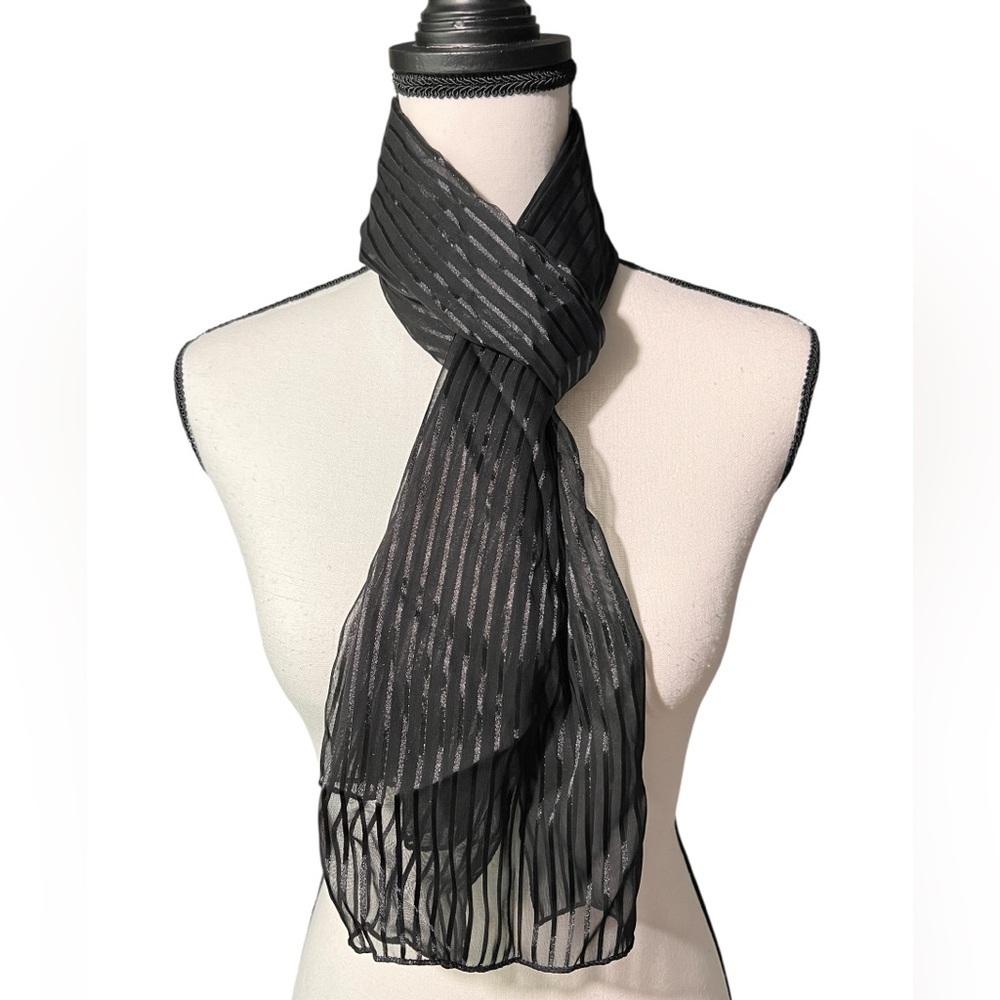 Elegant Black Striped Sheer Scarf, approx. 13”x60” - Picture 4 of 5